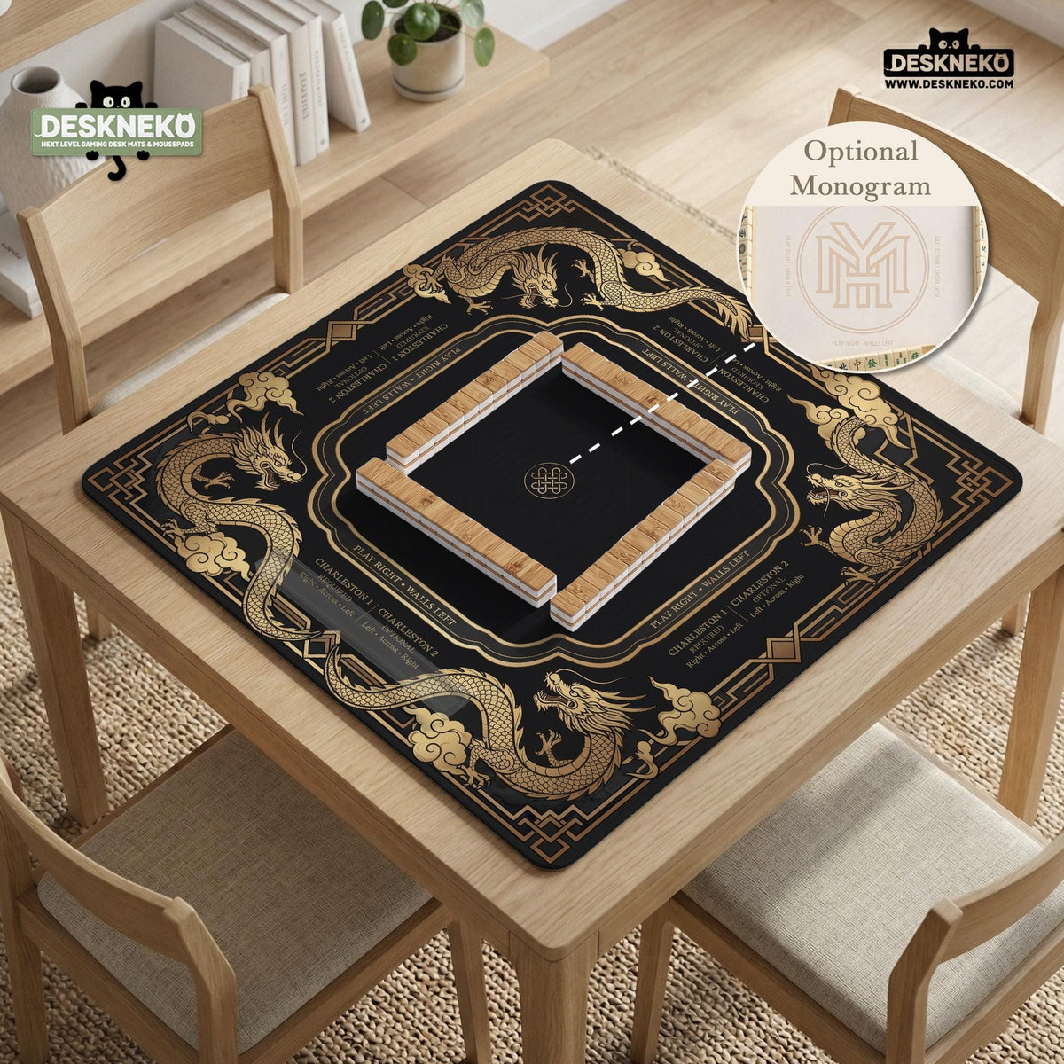 Black mahjong mat with gold dragon artwork, a scalloped edge, and printed Mahjong rules on the surface.