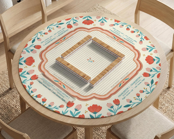 Cream mahjong mat with a coral and teal floral border, rule layout text, Charleston guide notes, and a blank center area for tile play.