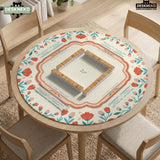Cream mahjong mat with a coral and teal floral border, rule layout text, Charleston guide notes, and a blank center area for tile play.