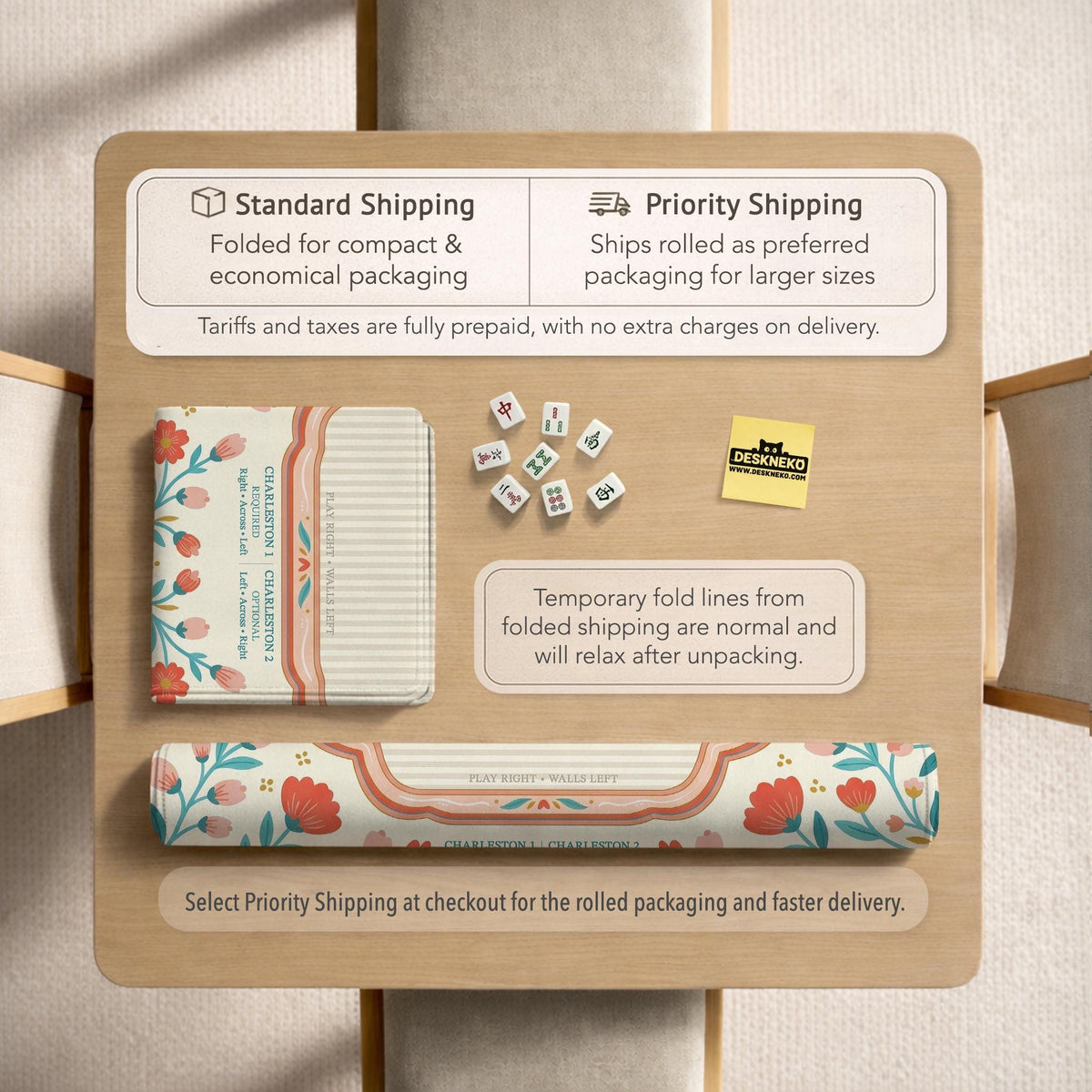 Cream mahjong mat with a coral and teal floral border, rule layout text, Charleston guide notes, and a blank center area for tile play.