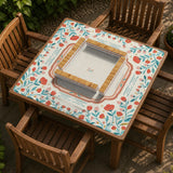 Cream mahjong mat with a coral and teal floral border, rule layout text, Charleston guide notes, and a blank center area for tile play.