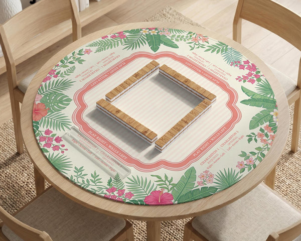 Coral tropical floral mahjong mat with hibiscus flowers, palm leaves, cream sections, and a scalloped edge.