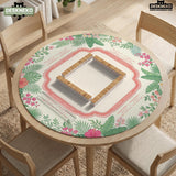 Coral tropical floral mahjong mat with hibiscus flowers, palm leaves, cream sections, and a scalloped edge.