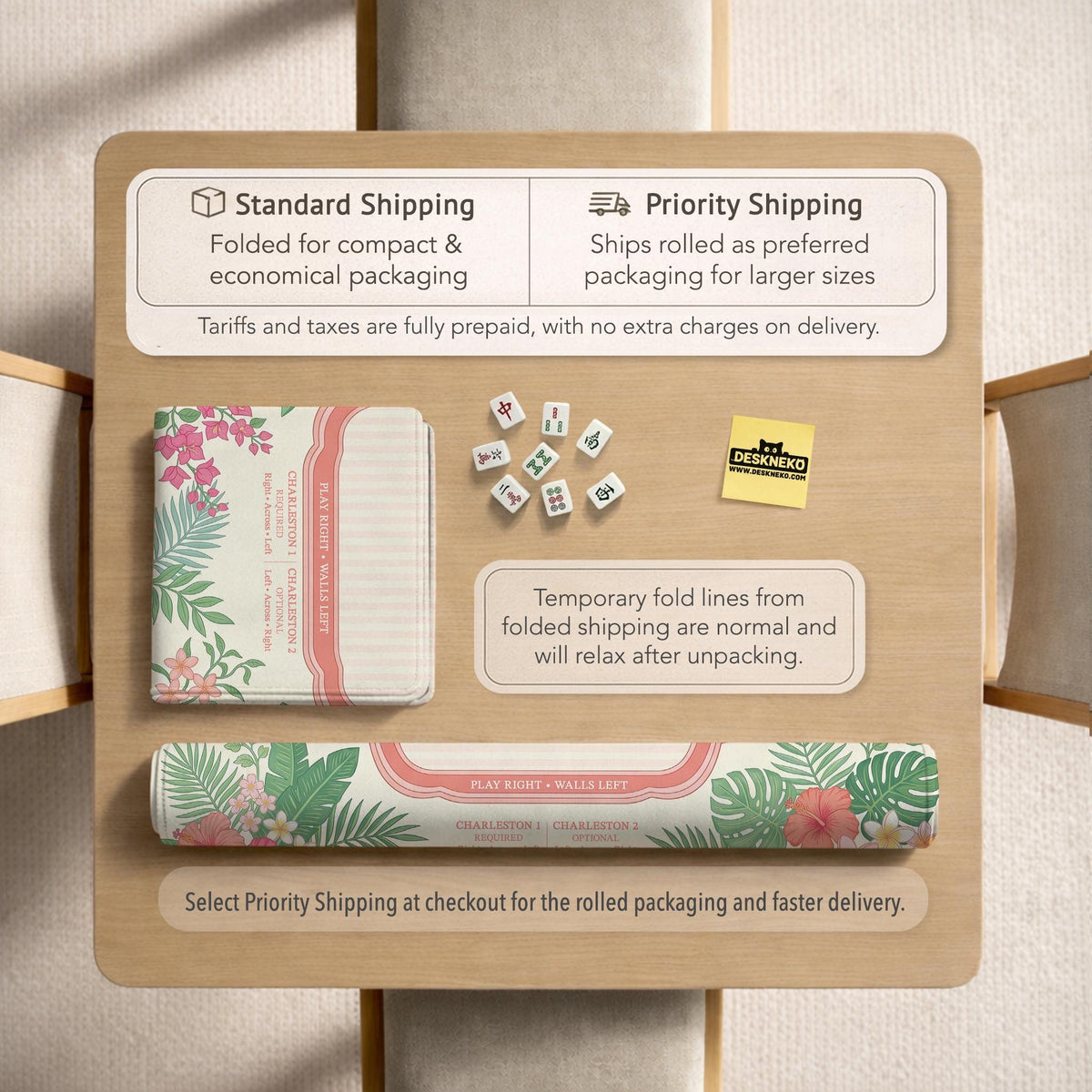 Coral tropical floral mahjong mat with hibiscus flowers, palm leaves, cream sections, and a scalloped edge.