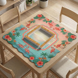 Pink mahjong mat with flamingos, palm leaves, hibiscus flowers, and aqua tropical background.