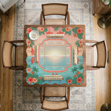Pink mahjong mat with flamingos, palm leaves, hibiscus flowers, and aqua tropical background.