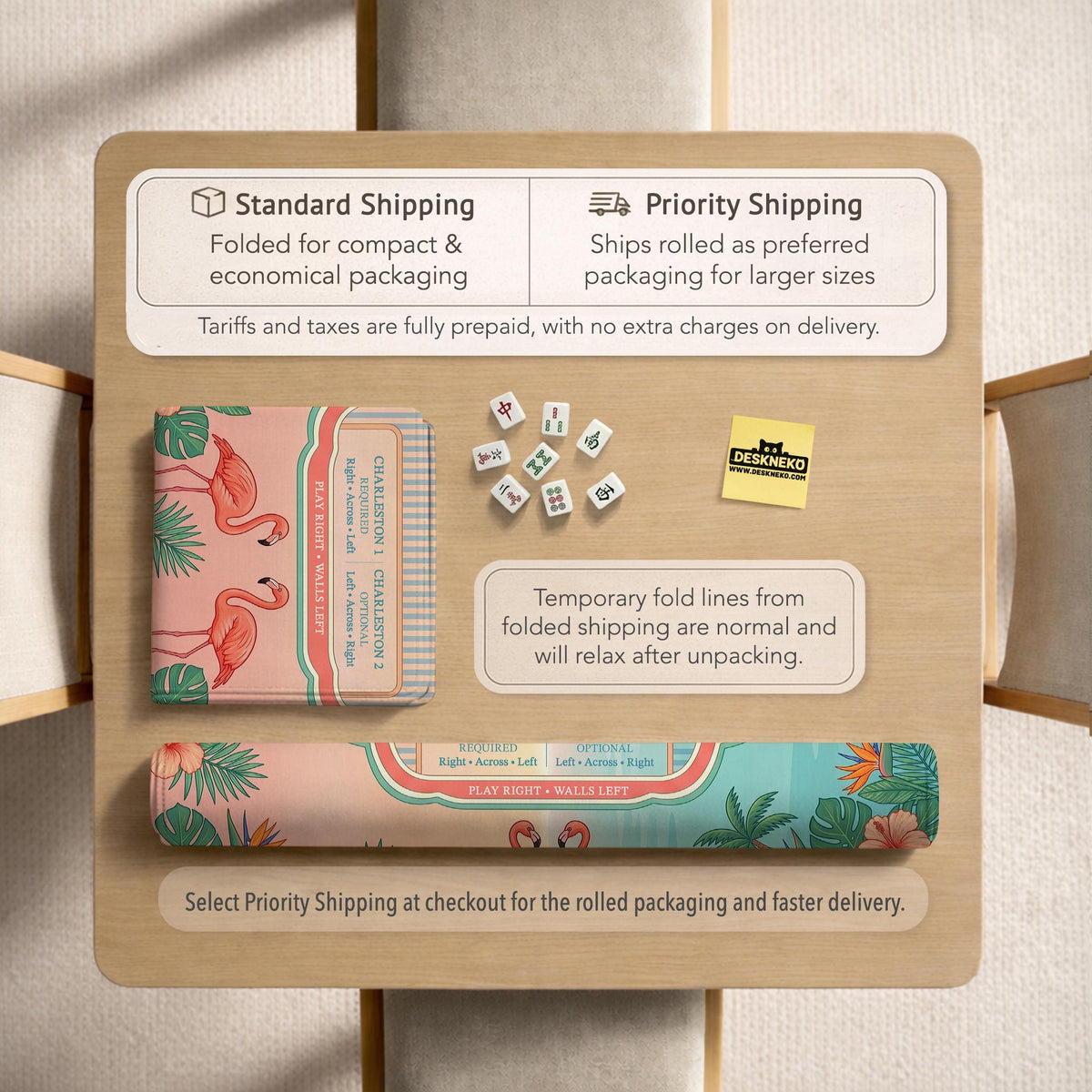 Pink mahjong mat with flamingos, palm leaves, hibiscus flowers, and aqua tropical background.