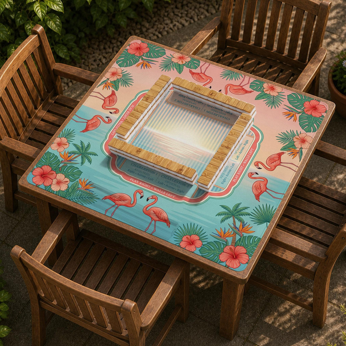 Pink mahjong mat with flamingos, palm leaves, hibiscus flowers, and aqua tropical background.