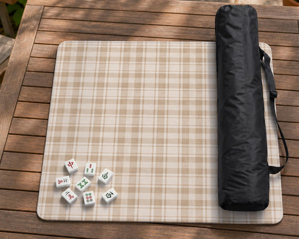 Beige plaid mahjong mat with a cream tartan pattern on a neutral background.