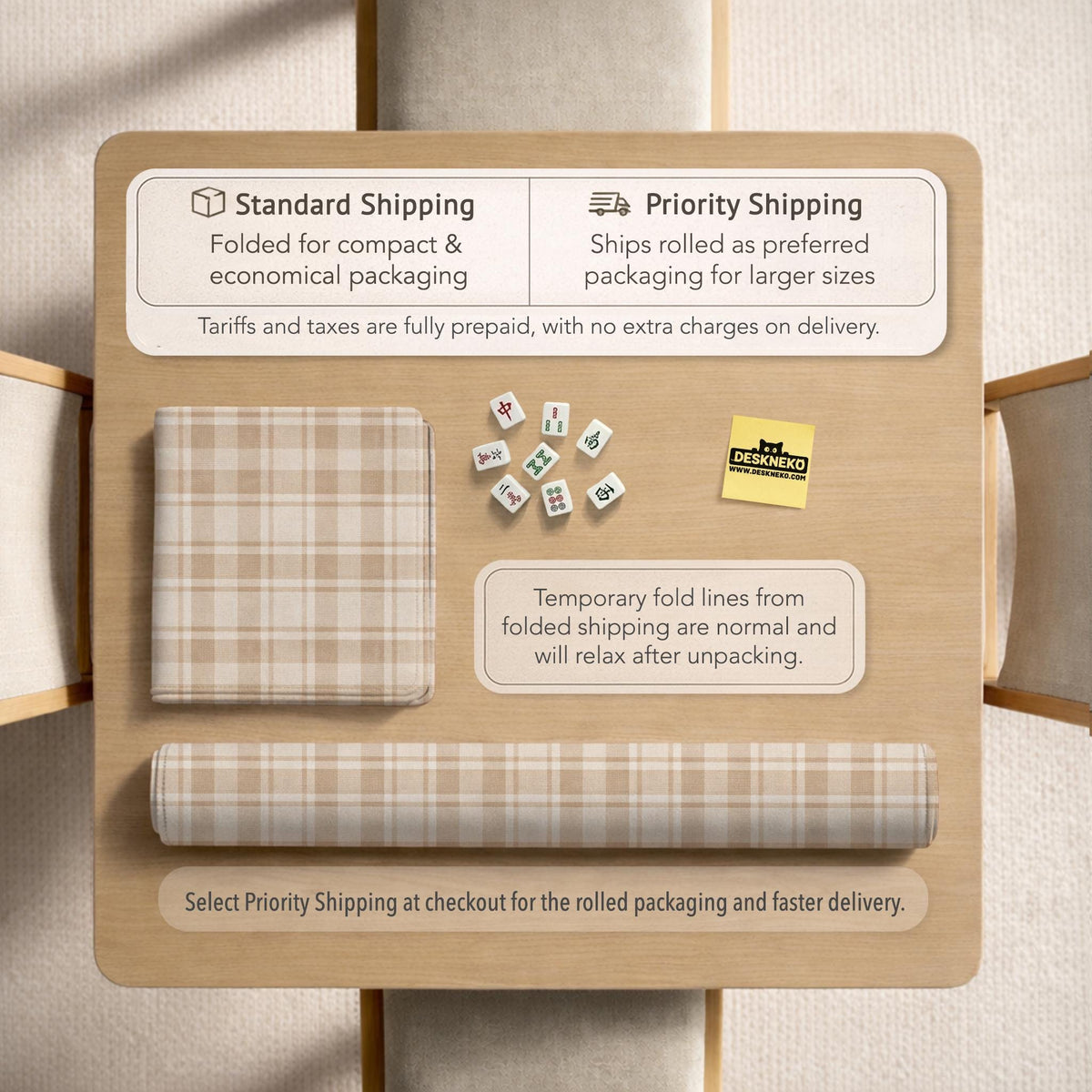 Beige plaid mahjong mat with a cream tartan pattern on a neutral background.