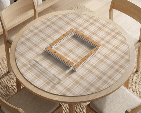 Beige plaid mahjong mat with a cream tartan pattern on a neutral background.