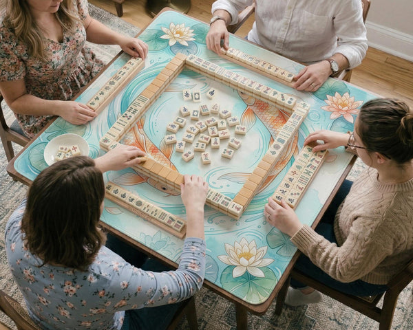A soft blue mahjong mat with koi fish, floating lily pads, pale floral details, and a watercolor-style pond design.