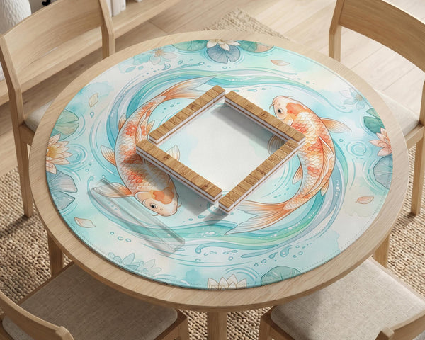 A soft blue mahjong mat with koi fish, floating lily pads, pale floral details, and a watercolor-style pond design.