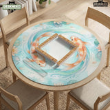 A soft blue mahjong mat with koi fish, floating lily pads, pale floral details, and a watercolor-style pond design.