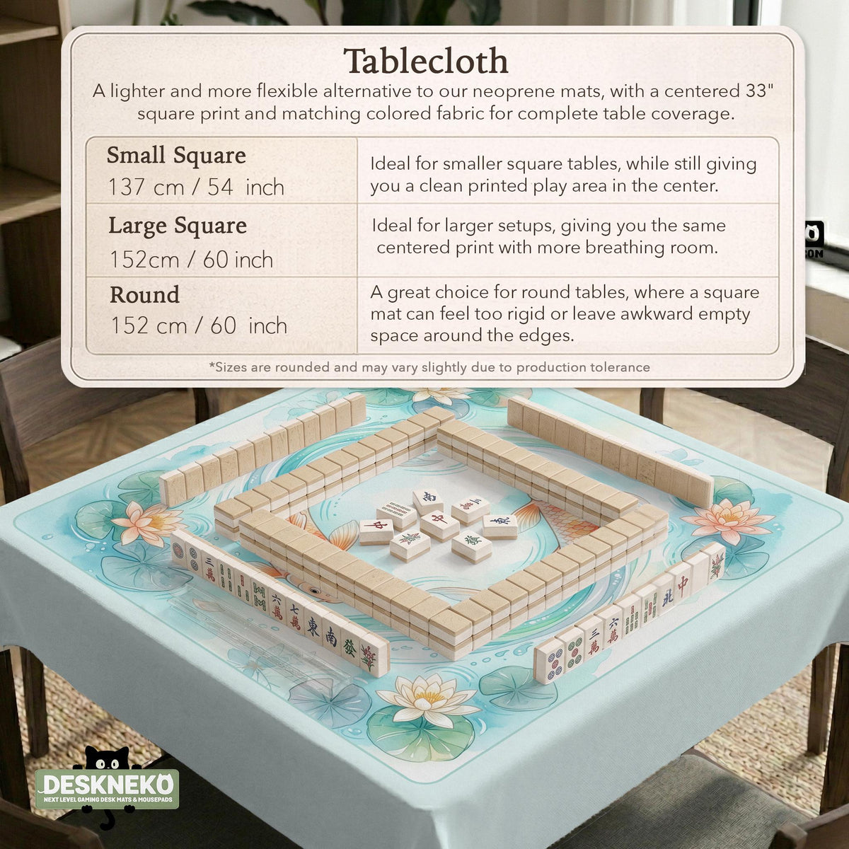 A soft blue mahjong mat with koi fish, floating lily pads, pale floral details, and a watercolor-style pond design.