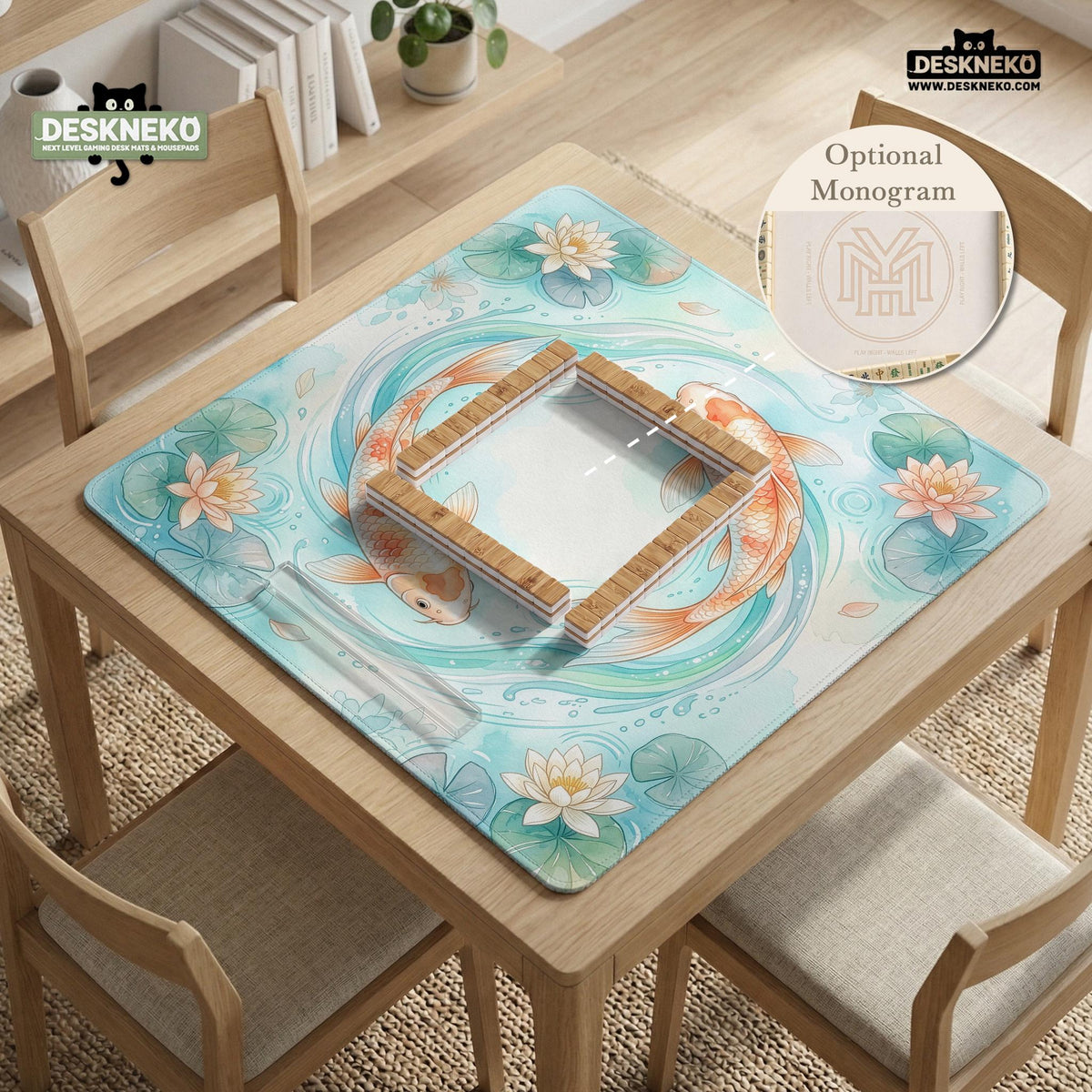 A soft blue mahjong mat with koi fish, floating lily pads, pale floral details, and a watercolor-style pond design.