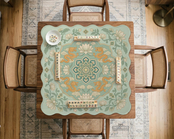 Sage green square mahjong mat with lotus flowers, golden dragons, and an ornamental center design.