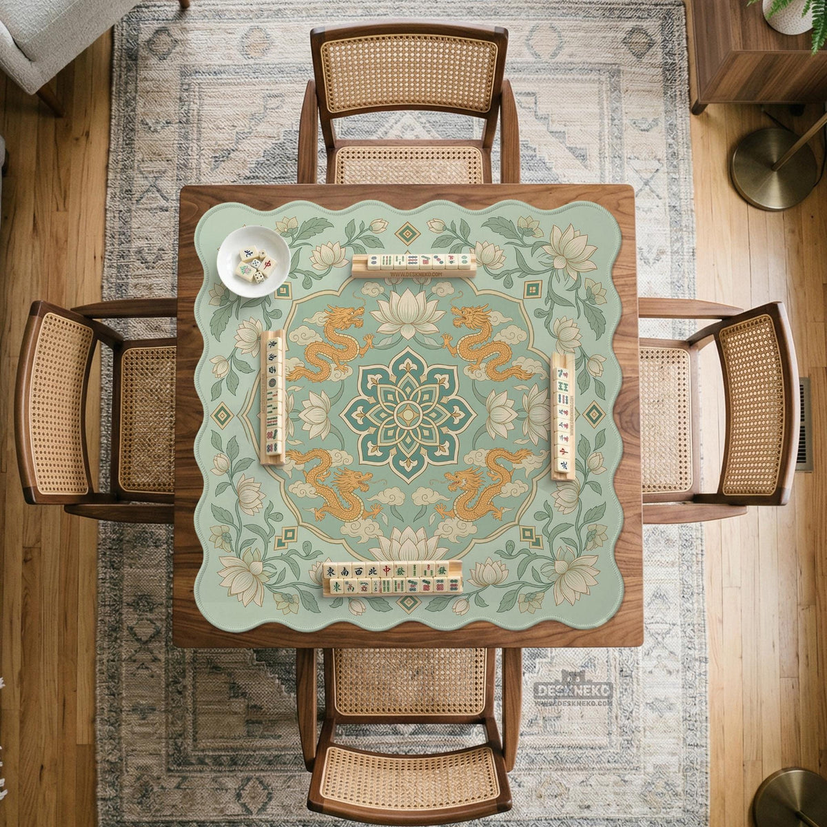 Sage green square mahjong mat with lotus flowers, golden dragons, and an ornamental center design.