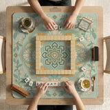 Sage green square mahjong mat with lotus flowers, golden dragons, and an ornamental center design.