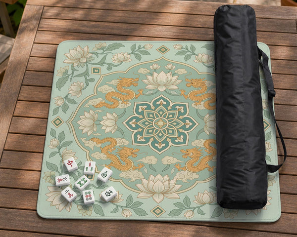 Sage green square mahjong mat with lotus flowers, golden dragons, and an ornamental center design.