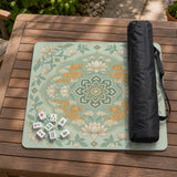 Sage green square mahjong mat with lotus flowers, golden dragons, and an ornamental center design.