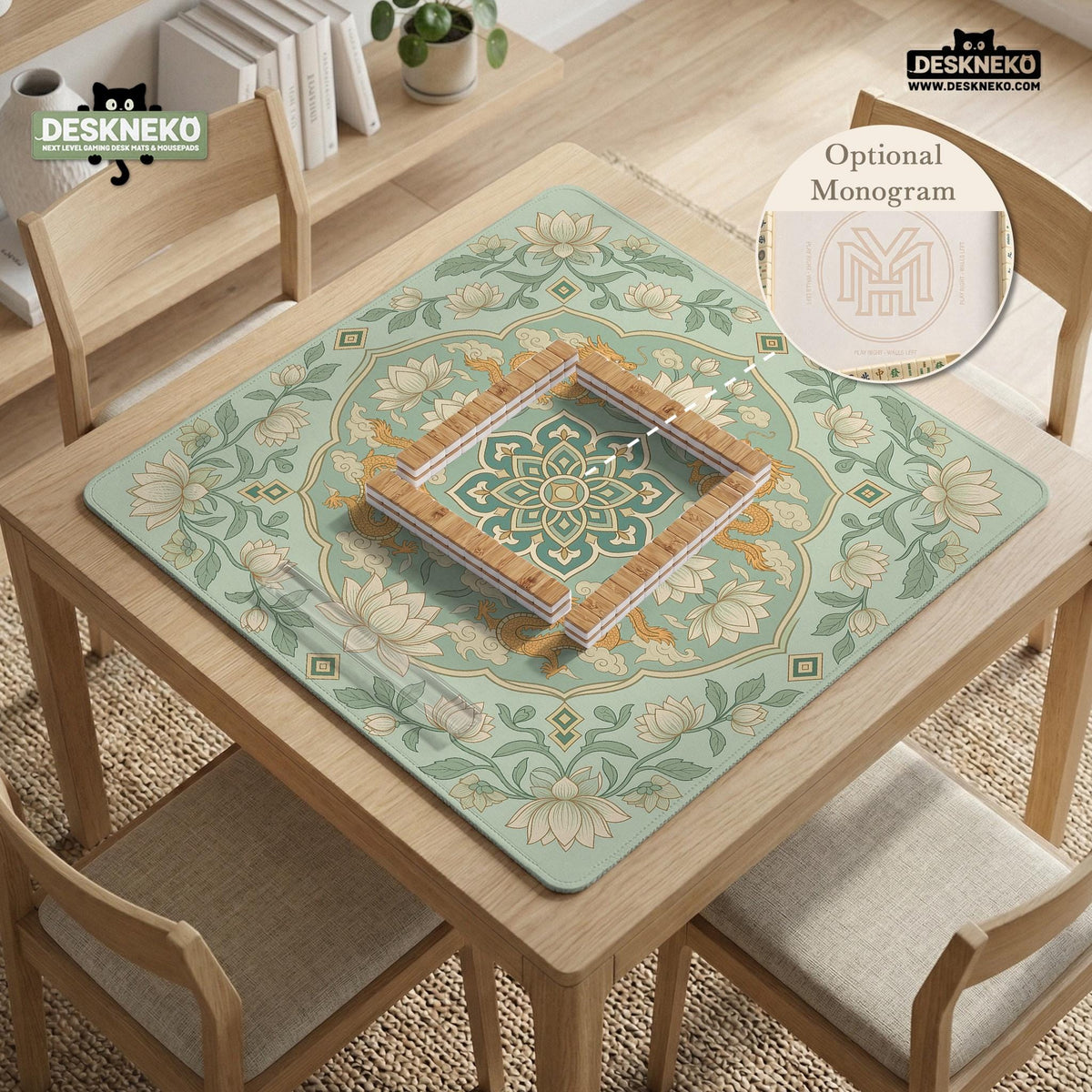 Sage green square mahjong mat with lotus flowers, golden dragons, and an ornamental center design.