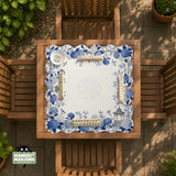 Blue and white square mahjong mat with a hydrangea and bird botanical border and a plain center area.