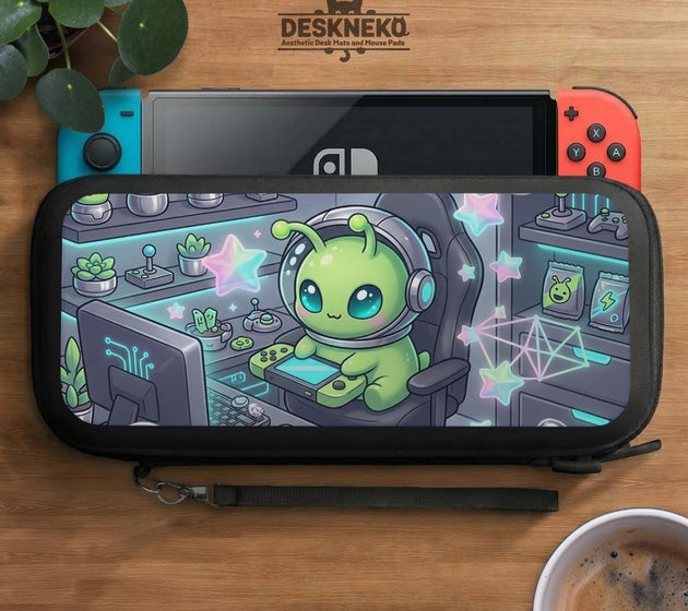 A Switch carrying case design with a cute green alien at a gaming desk, glowing cyan lights, and pastel stars on a dark background.