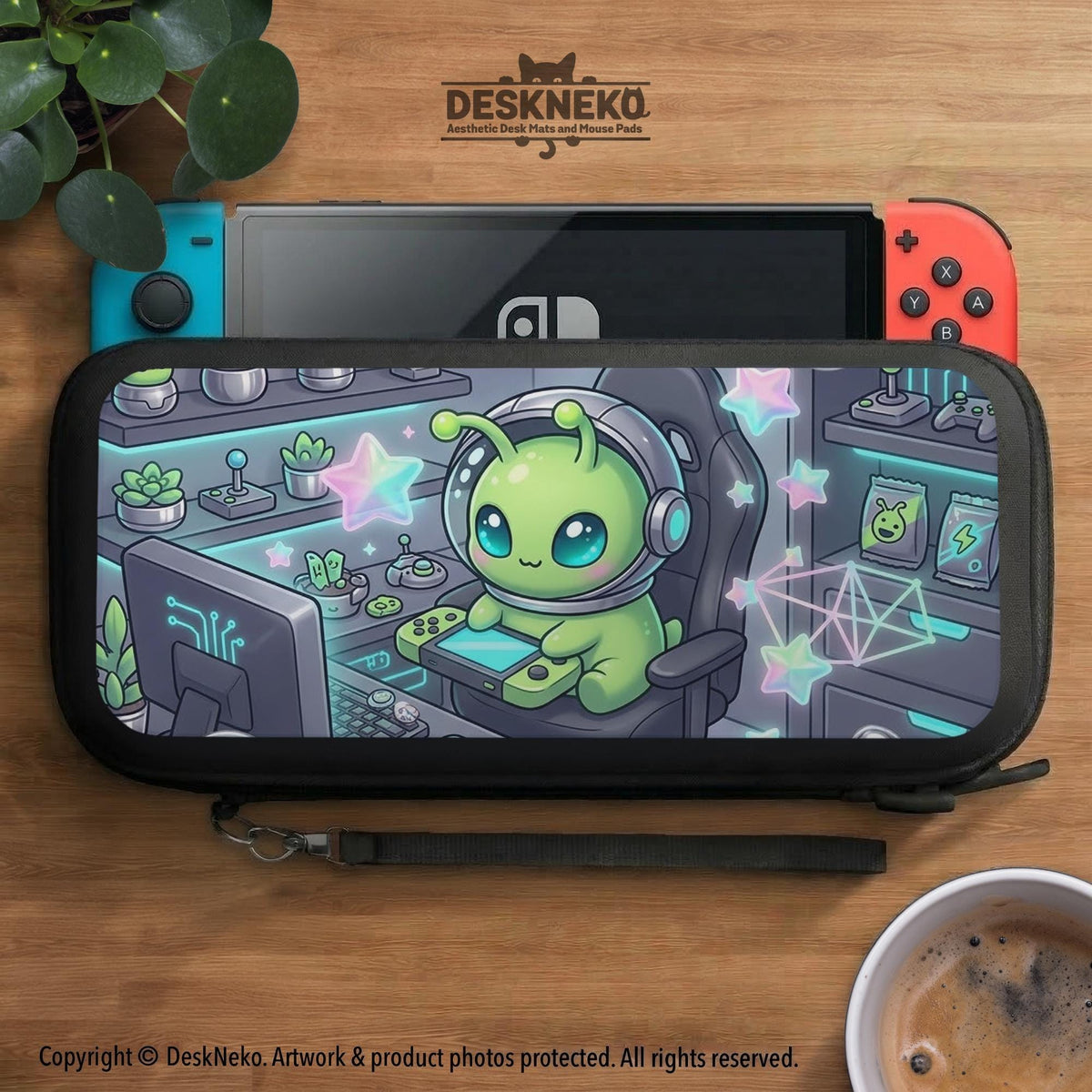 A Switch carrying case design with a cute green alien at a gaming desk, glowing cyan lights, and pastel stars on a dark background.
