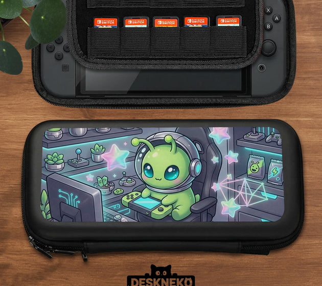 A Switch carrying case design with a cute green alien at a gaming desk, glowing cyan lights, and pastel stars on a dark background.