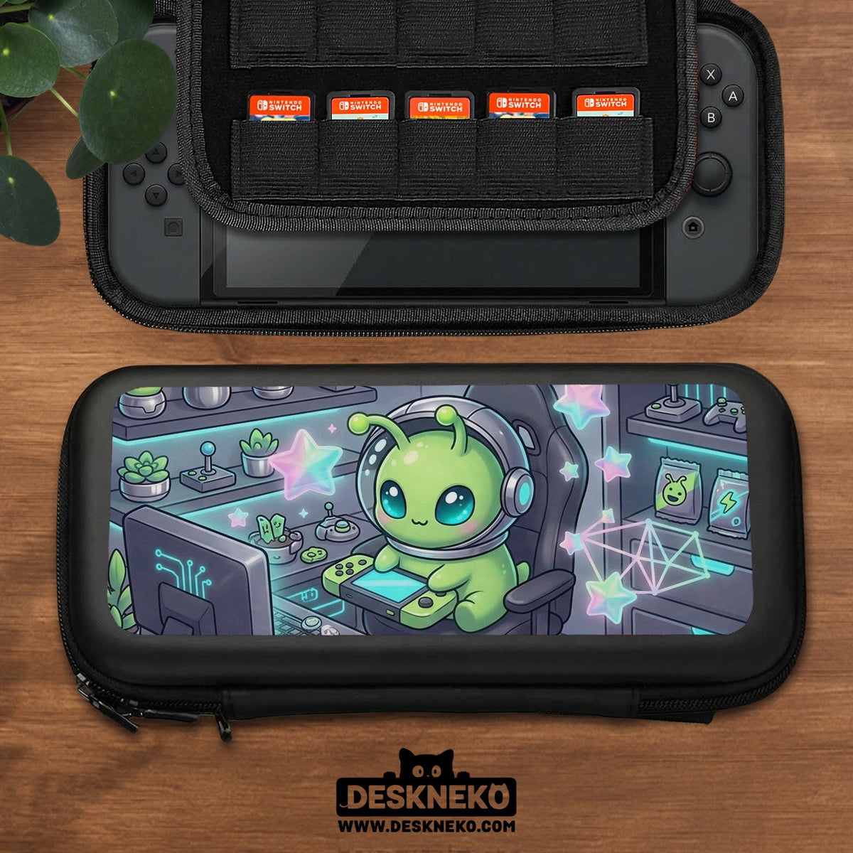A Switch carrying case design with a cute green alien at a gaming desk, glowing cyan lights, and pastel stars on a dark background.
