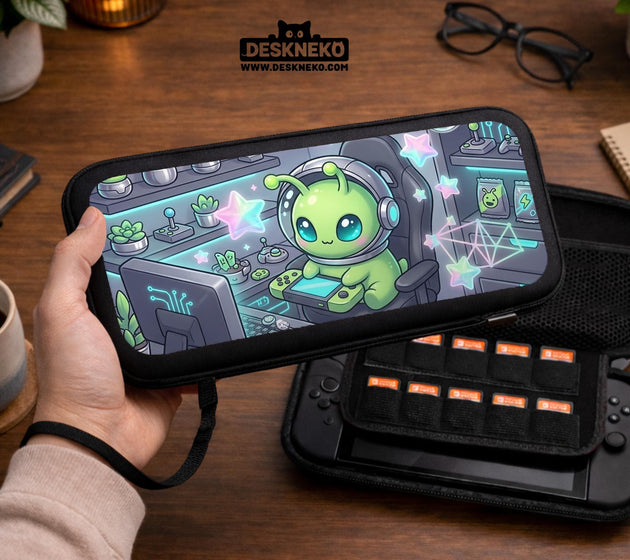 A Switch carrying case design with a cute green alien at a gaming desk, glowing cyan lights, and pastel stars on a dark background.