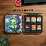 A Switch carrying case design with a cute green alien at a gaming desk, glowing cyan lights, and pastel stars on a dark background.