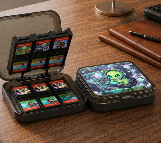 A Switch carrying case design with a cute green alien at a gaming desk, glowing cyan lights, and pastel stars on a dark background.