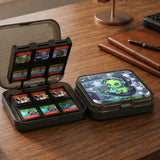 A Switch carrying case design with a cute green alien at a gaming desk, glowing cyan lights, and pastel stars on a dark background.
