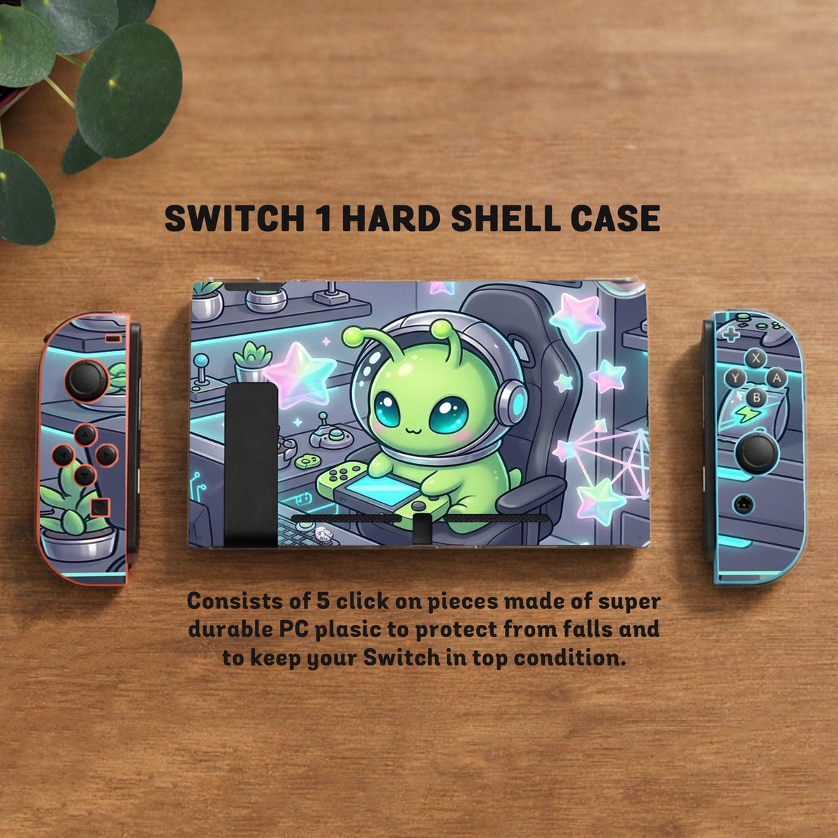 A Switch carrying case design with a cute green alien at a gaming desk, glowing cyan lights, and pastel stars on a dark background.