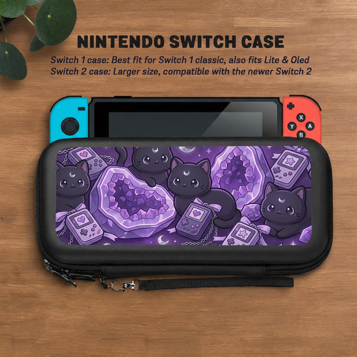 Purple carrying case with black cat faces, moon shapes, stars, and crystal geode style artwork for Nintendo Switch.
