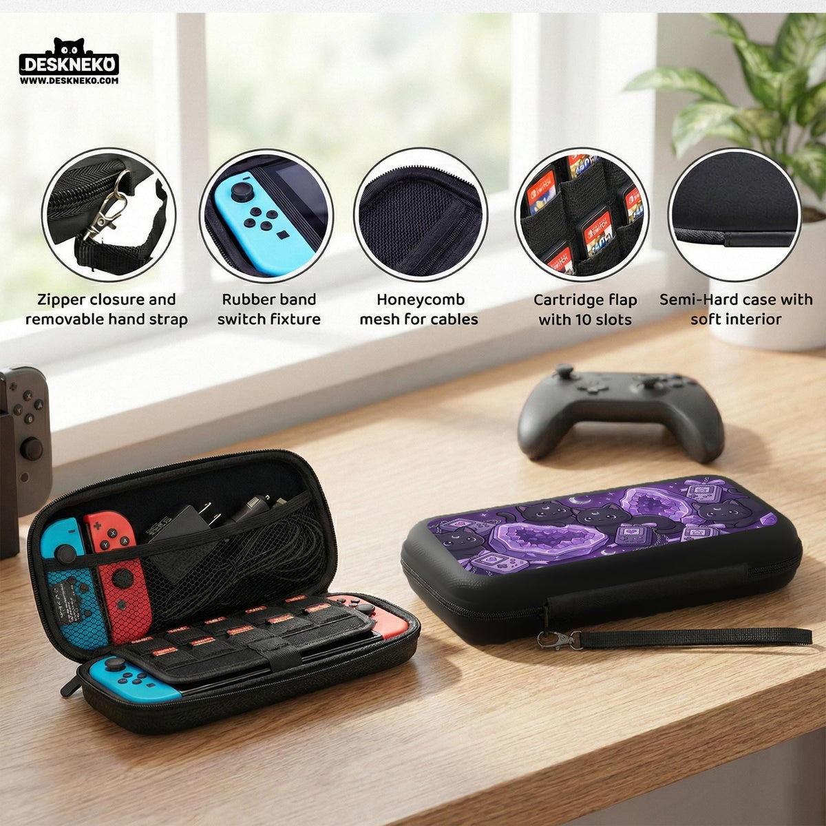 Purple carrying case with black cat faces, moon shapes, stars, and crystal geode style artwork for Nintendo Switch.
