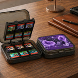 Purple carrying case with black cat faces, moon shapes, stars, and crystal geode style artwork for Nintendo Switch.