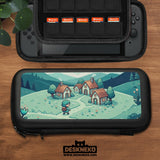 Teal carrying case with a pixel-style village scene, small houses, layered mountains, flowers, and a retro game-inspired landscape design.