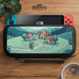 Teal carrying case with a pixel-style village scene, small houses, layered mountains, flowers, and a retro game-inspired landscape design.
