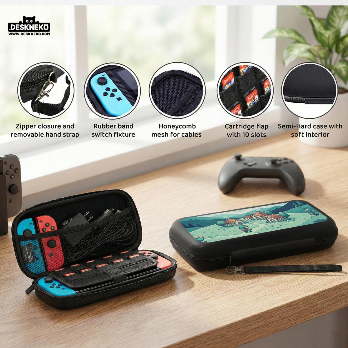 Teal carrying case with a pixel-style village scene, small houses, layered mountains, flowers, and a retro game-inspired landscape design.