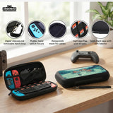 Teal carrying case with a pixel-style village scene, small houses, layered mountains, flowers, and a retro game-inspired landscape design.