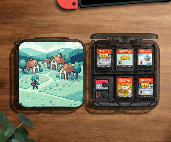 Teal carrying case with a pixel-style village scene, small houses, layered mountains, flowers, and a retro game-inspired landscape design.