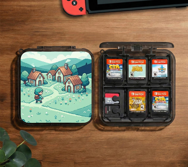 Teal carrying case with a pixel-style village scene, small houses, layered mountains, flowers, and a retro game-inspired landscape design.