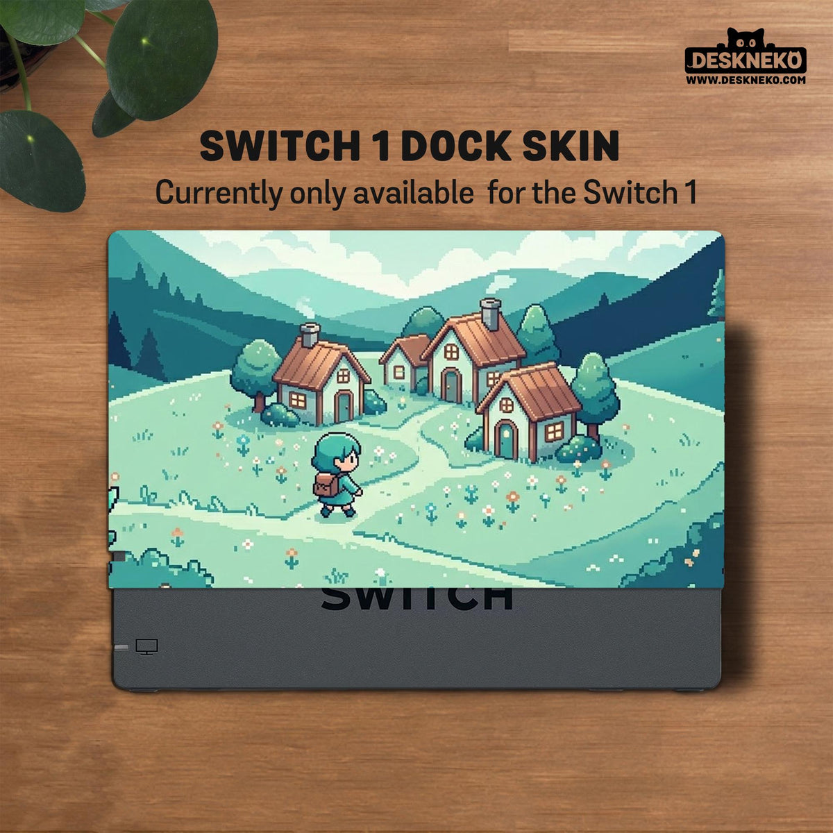 Teal carrying case with a pixel-style village scene, small houses, layered mountains, flowers, and a retro game-inspired landscape design.