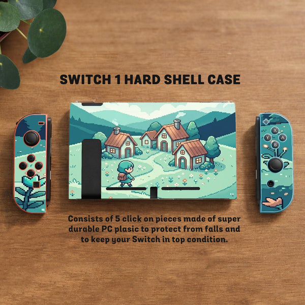 Teal carrying case with a pixel-style village scene, small houses, layered mountains, flowers, and a retro game-inspired landscape design.
