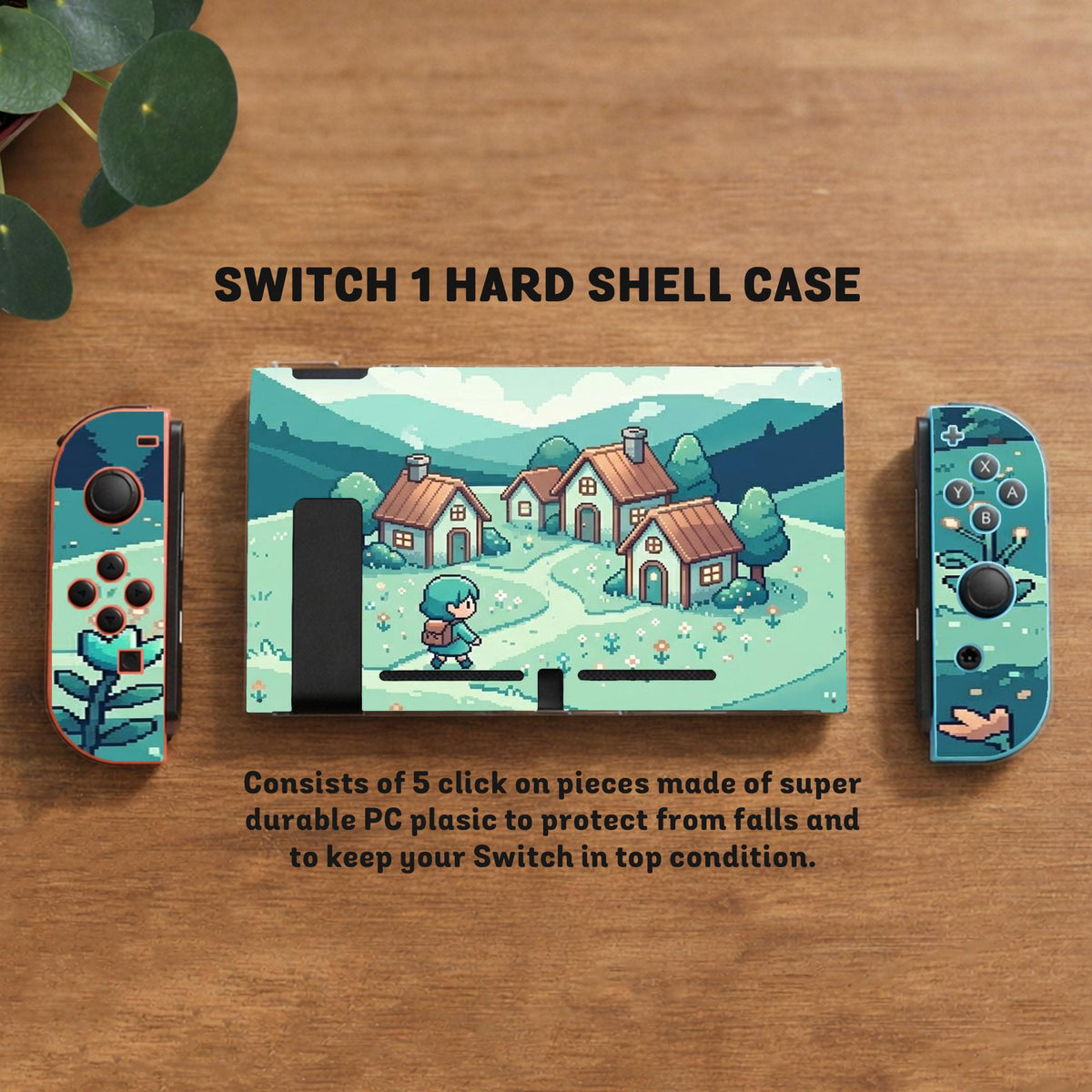 Teal carrying case with a pixel-style village scene, small houses, layered mountains, flowers, and a retro game-inspired landscape design.