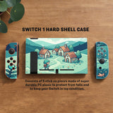 Teal carrying case with a pixel-style village scene, small houses, layered mountains, flowers, and a retro game-inspired landscape design.