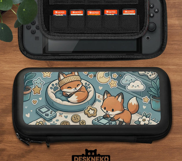 Blue Switch carrying case with cute fox characters, moon and star details, and small potted plants with beige accents.